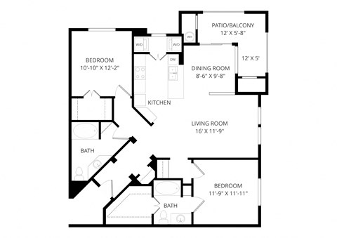 Floor plan for 2 beds, 2 baths, 1153 sqft
